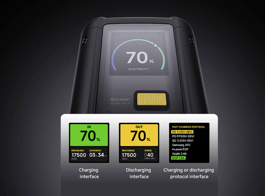 Transparent three-sided design with color smart display showing battery and wattage