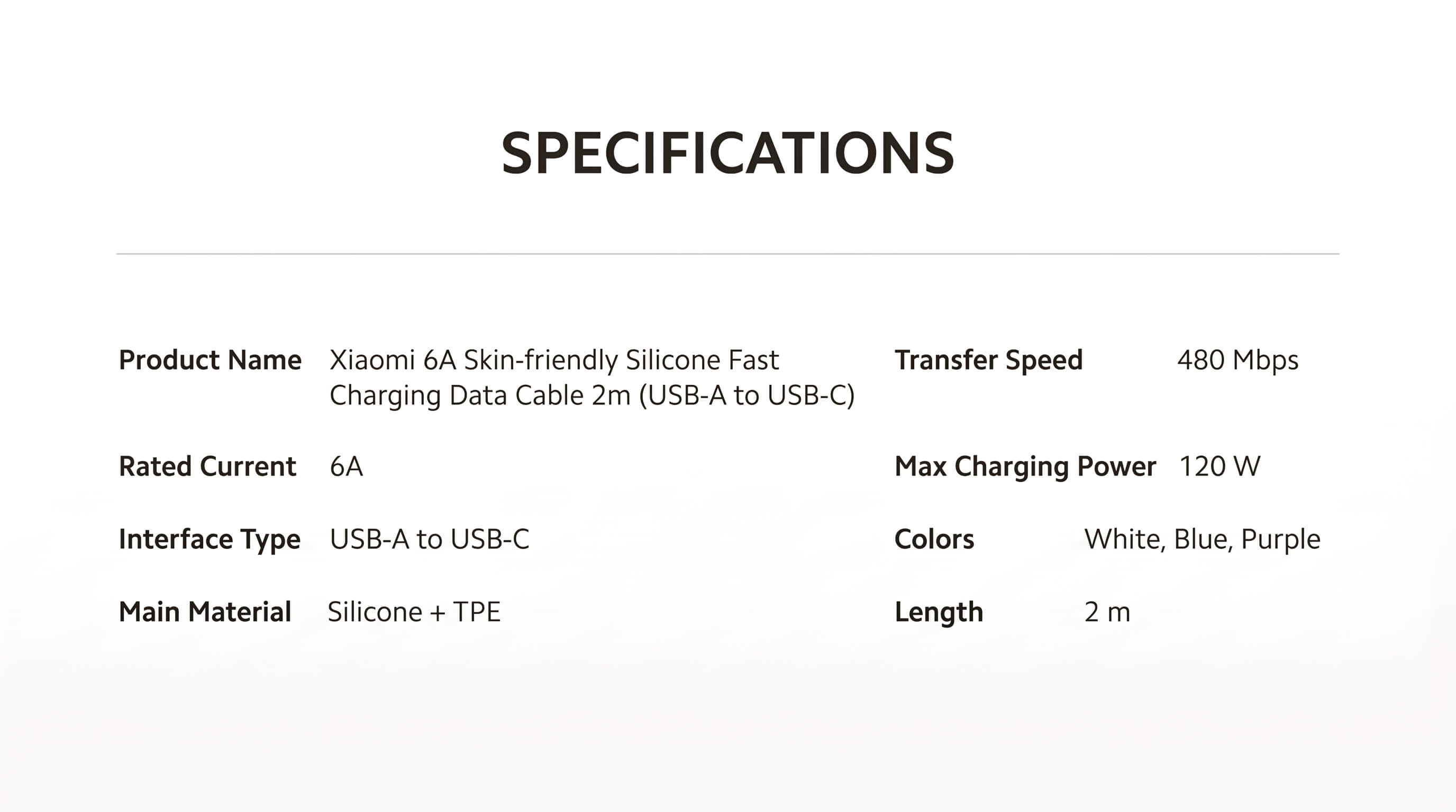 Xiaomi 6A Skin-Friendly Silicone Fast Charging Data Cable 2m (AC)