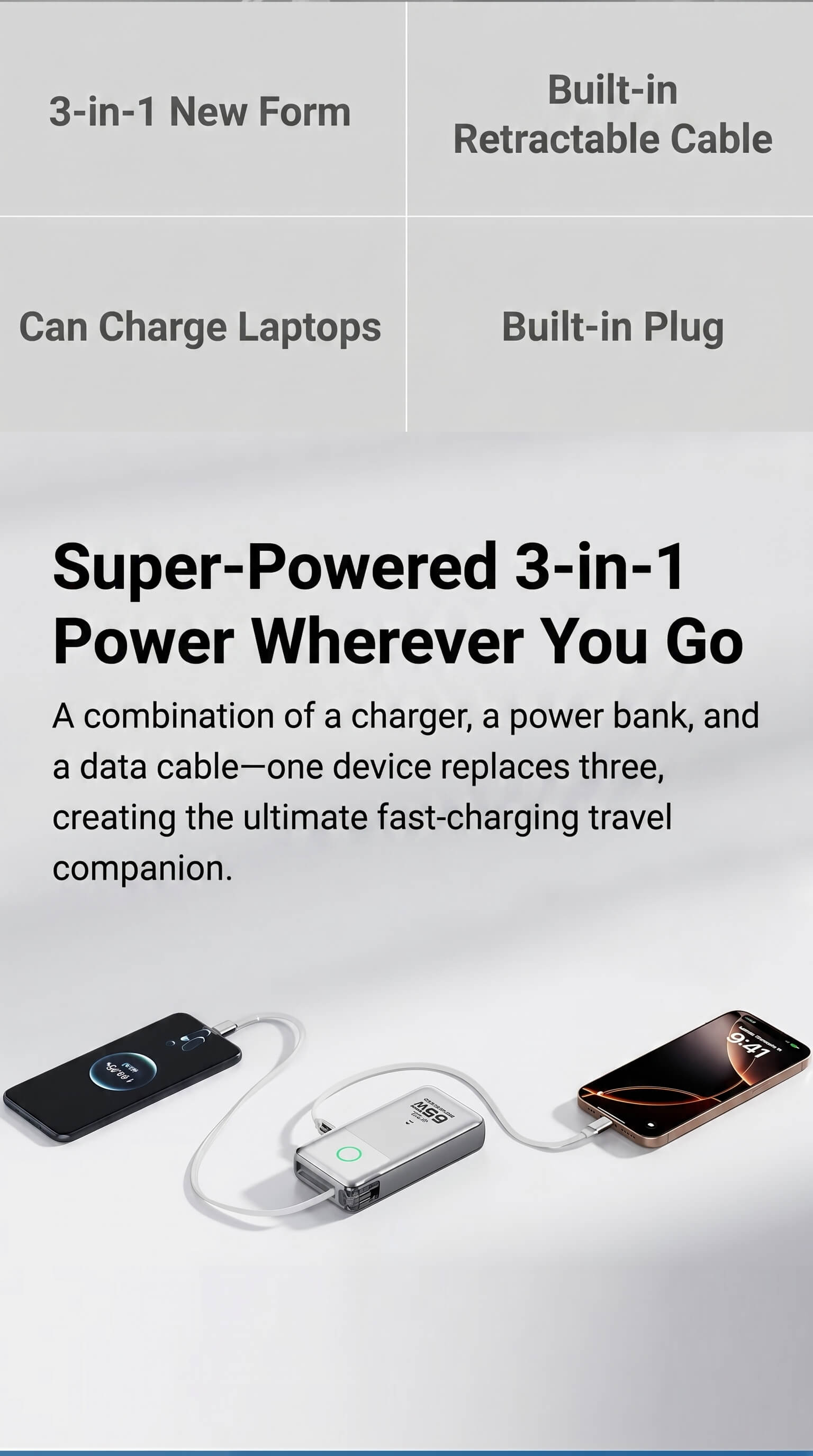 Speed-Up 3-in-1 Power Bank with Retractable Plug 65W