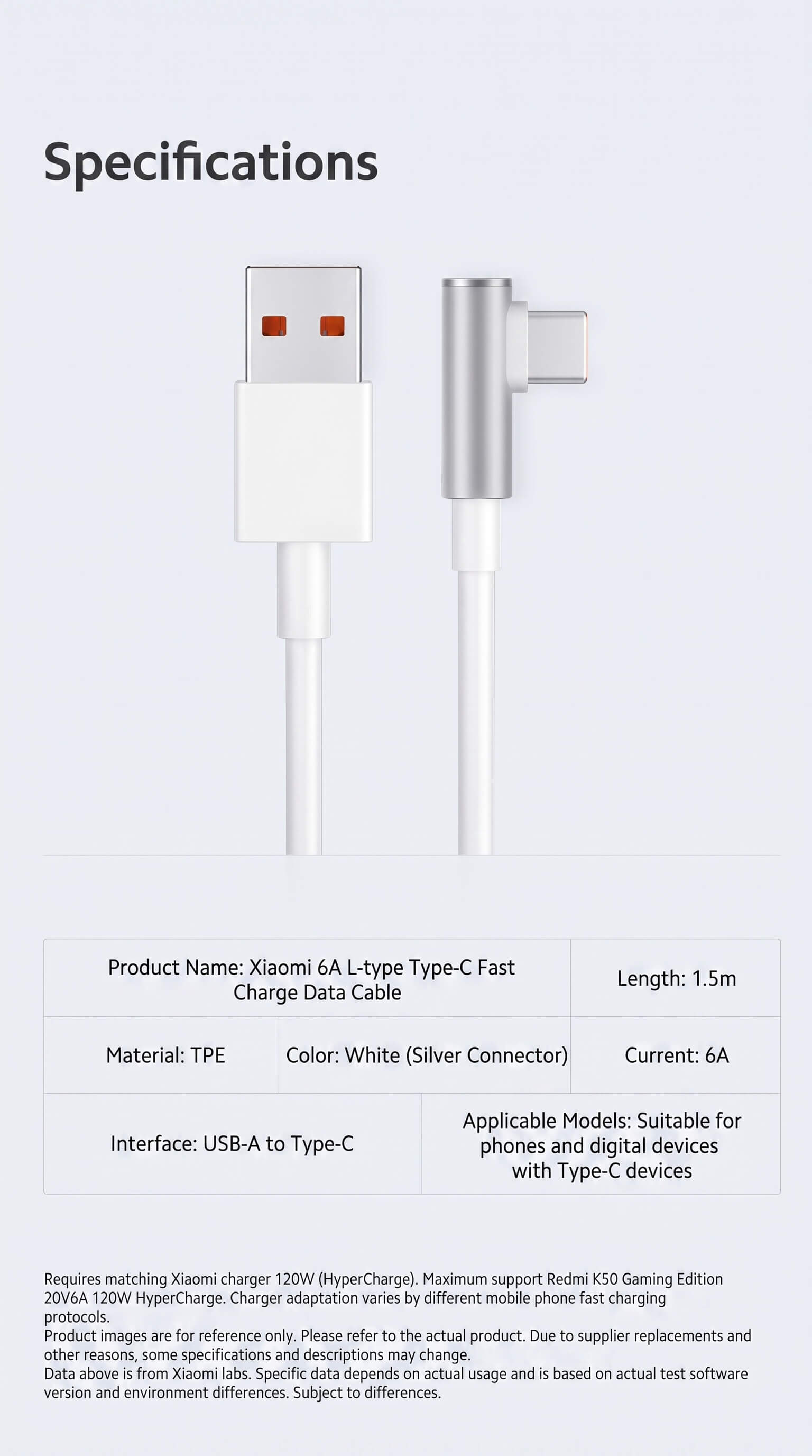 Xiaomi 6A L Shaped Type-C fast charging data cable