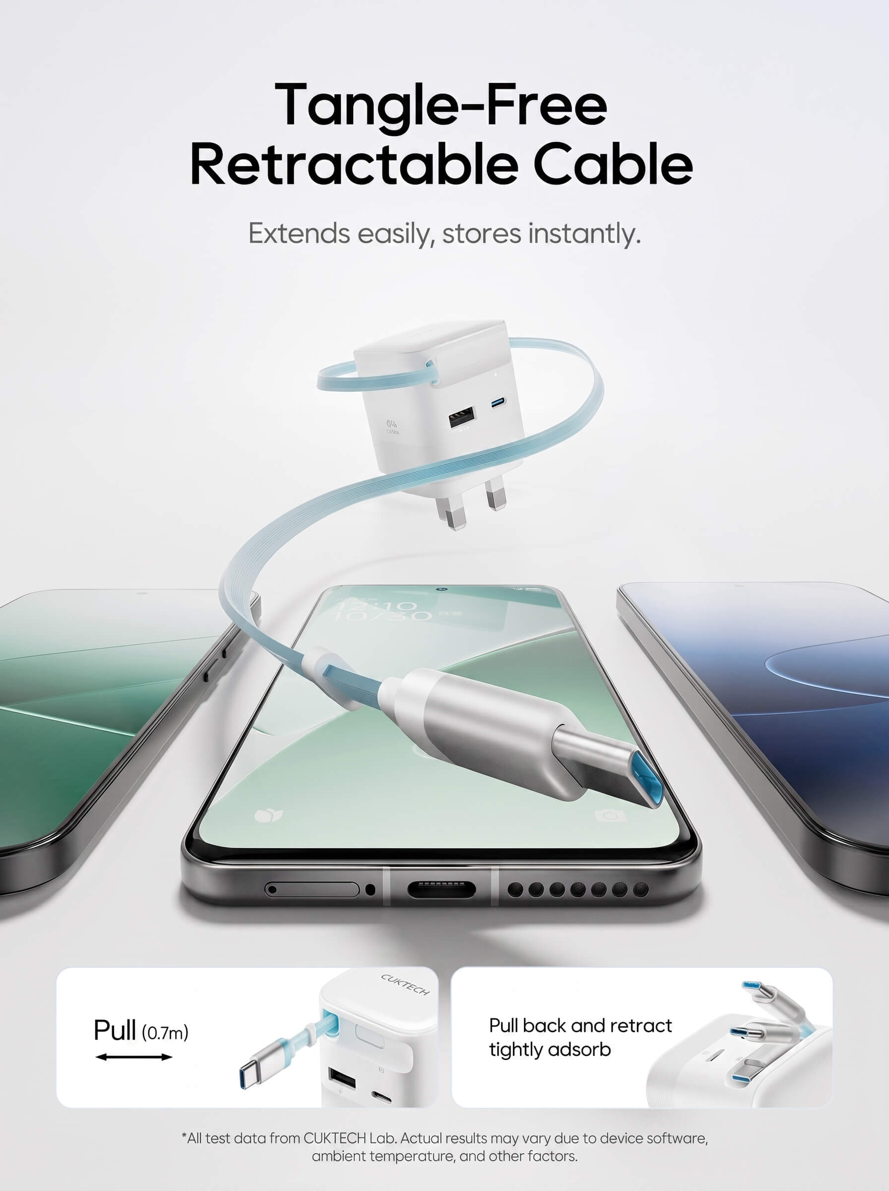 CUKTECH 65W GaN Charger with Built-in Telescopic USB-C Cable