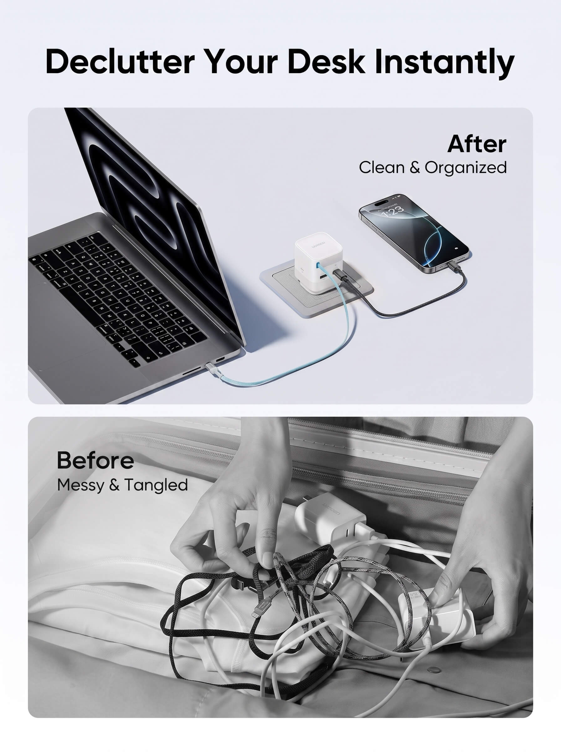 CUKTECH 65W GaN Charger with Built-in Telescopic USB-C Cable