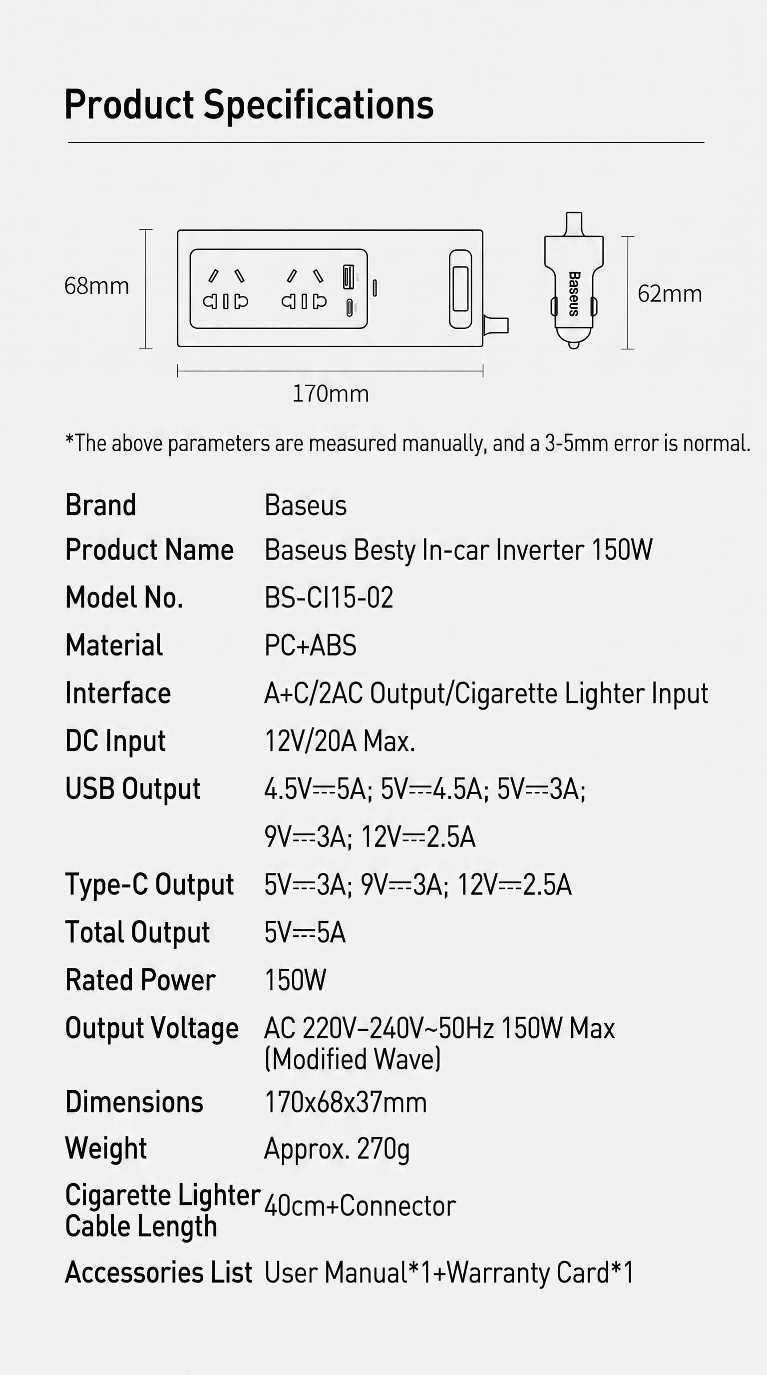 Baseus 150W Car Inverter Dual USB Car Charger
