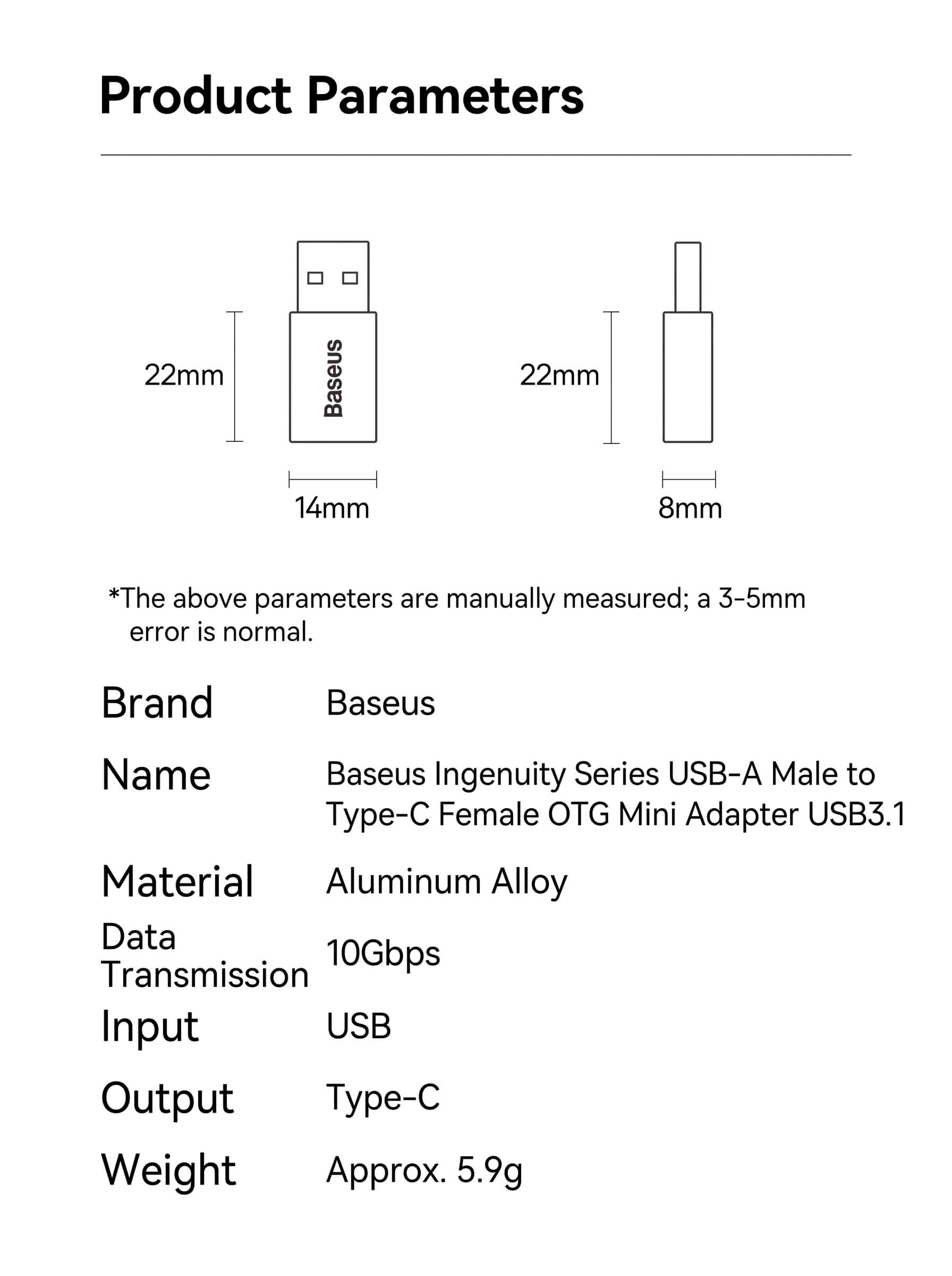 Baseus Ingenuity Series USB-A Male to Type-C Female OTG Mini Adapter USB 3.1