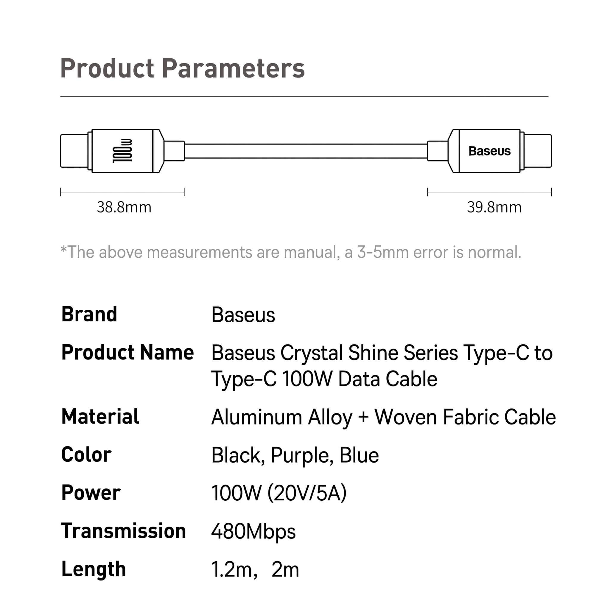 Baseus Crystal Shine Series Type-C to Type-C 100W Data Cable