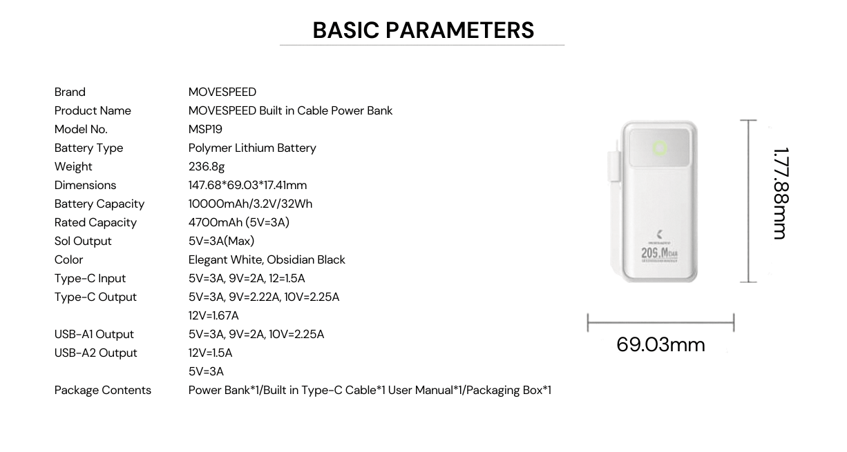 Speed-Up Power Bank with Built-in Cable 10000mAh 22.5W