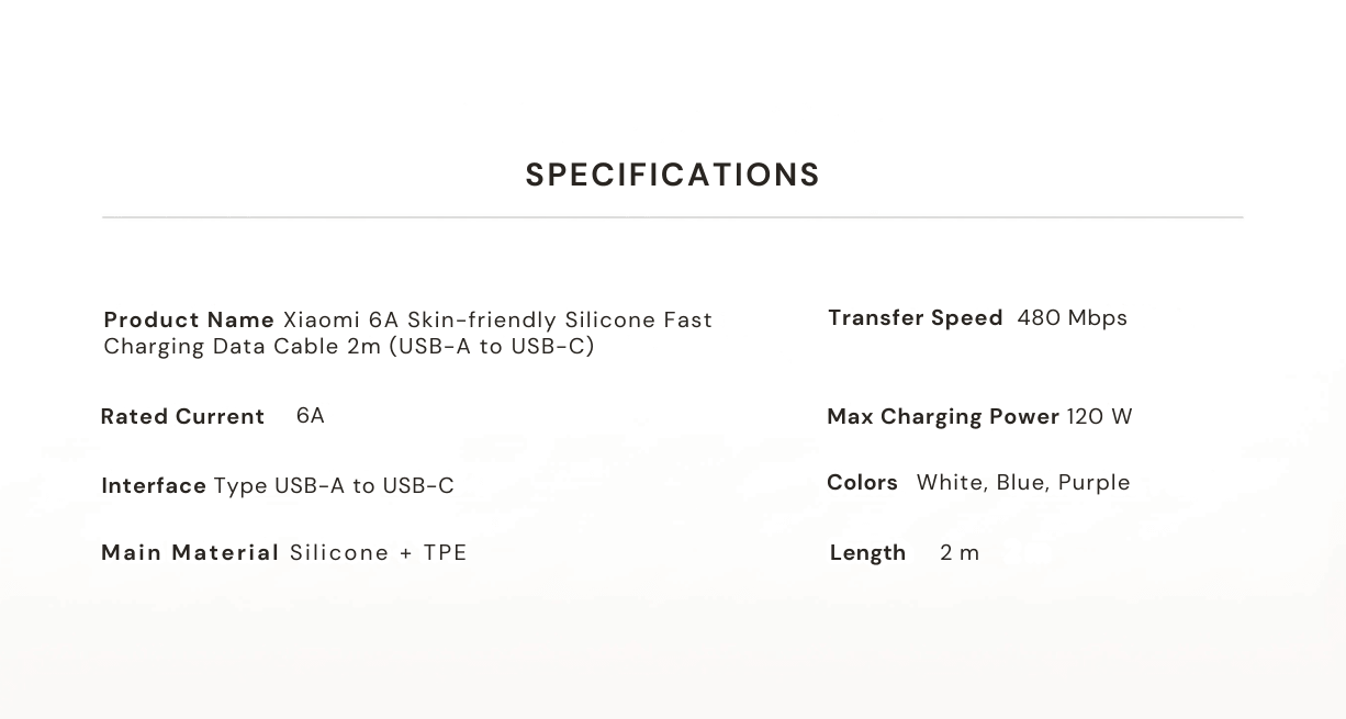 Xiaomi 6A Skin-Friendly Silicone Fast Charging Data Cable 2m (AC)