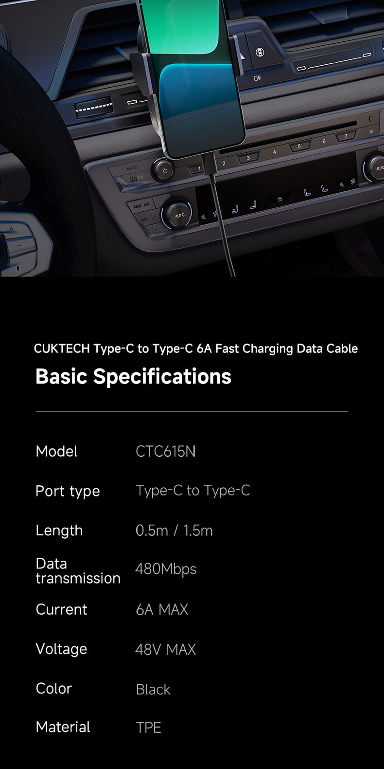 CUKTECH USB-C to C 6A Fast Charging Cable