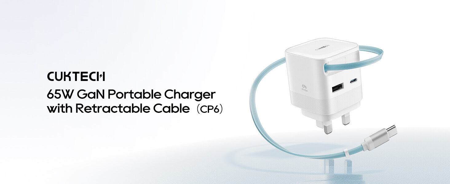 CUKTECH 65W GaN Charger with Built-in Telescopic USB-C Cable