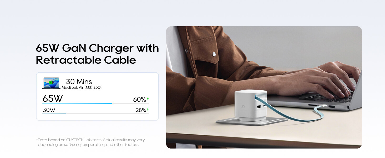 CUKTECH 65W GaN Charger with Built-in Telescopic USB-C Cable