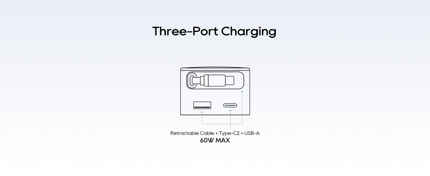 CUKTECH 65W GaN Charger with Built-in Telescopic USB-C Cable