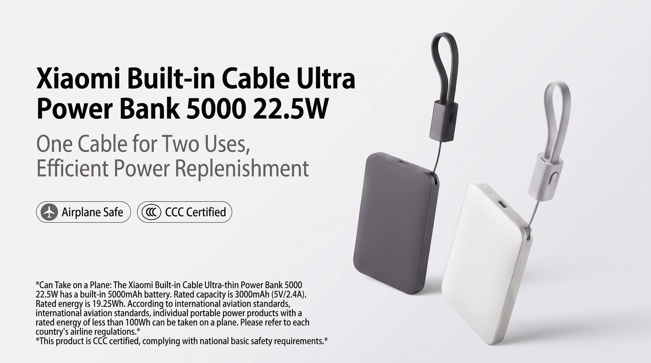 Xiaomi 5000mAh 22.5W Ultra-thin with Built in cable  Power Bank