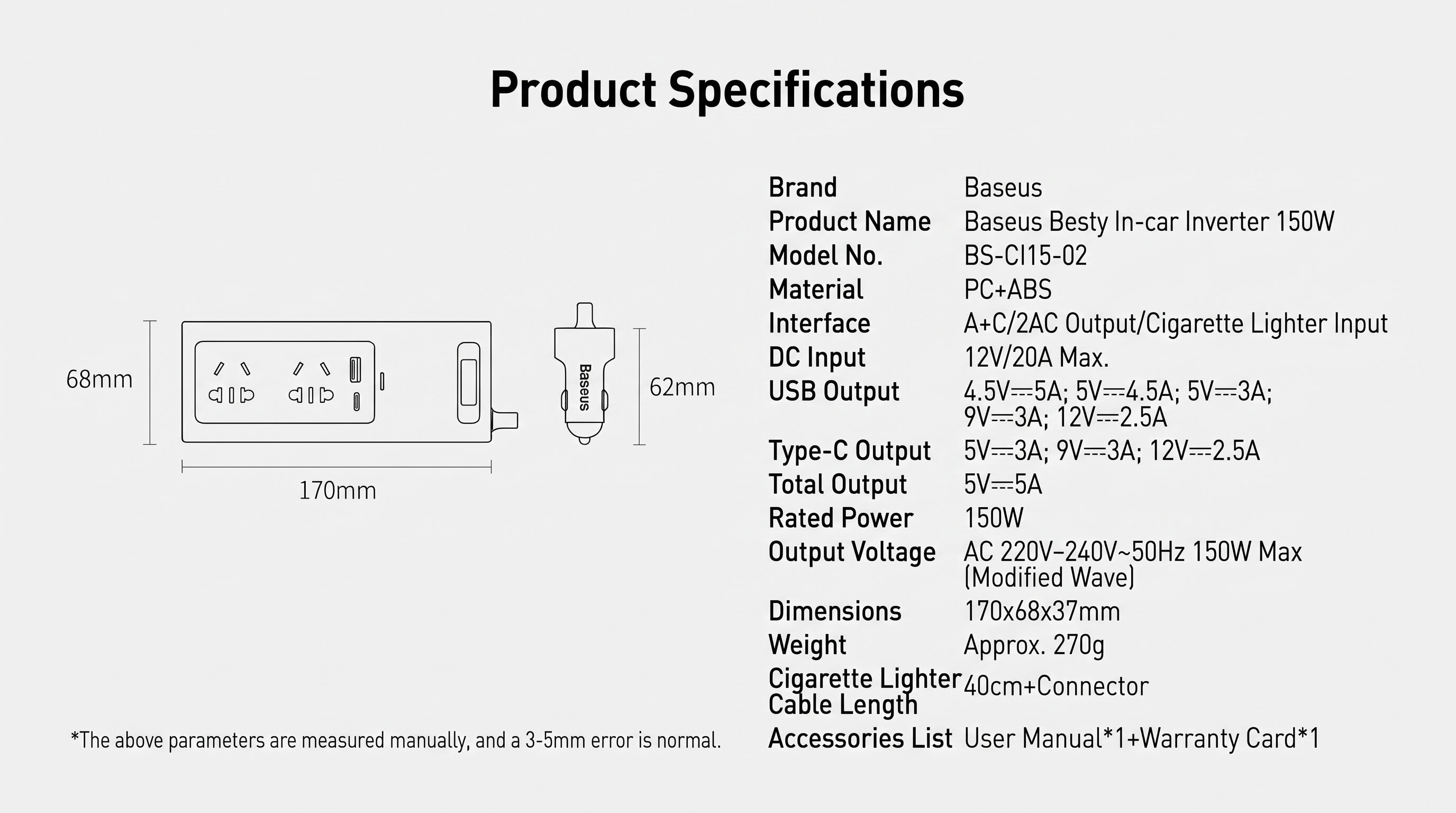 Baseus 150W Car Inverter Dual USB Car Charger