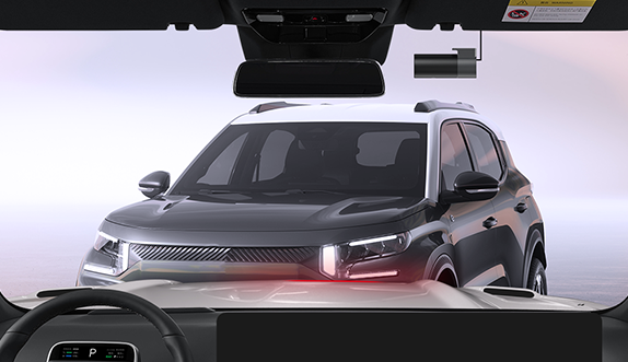 Dash cam collision detection feature showing an alert from the driver's perspective