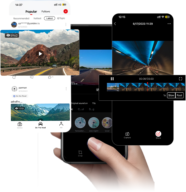 Hand holding a smartphone showing the DDPAI app interface for video editing and social sharing