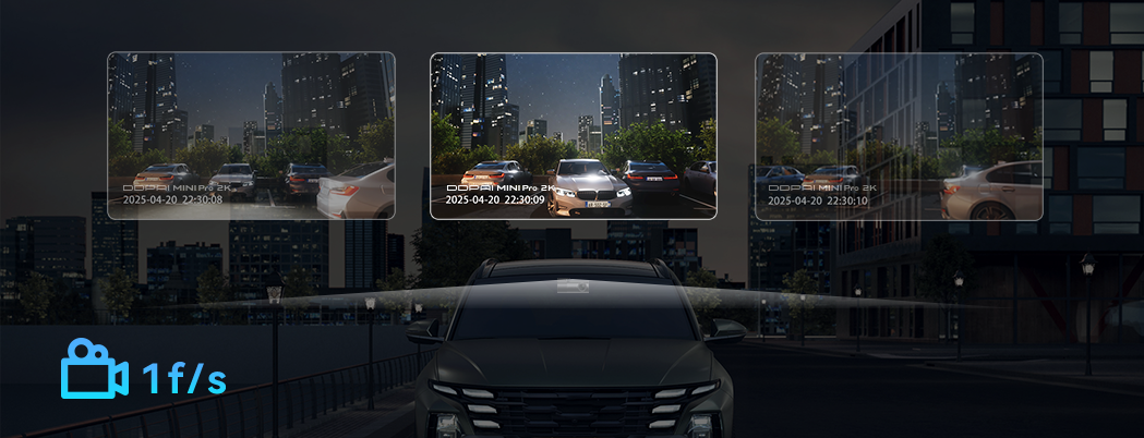 Time-lapse recording mode for parking monitoring shown at 1 frame per second